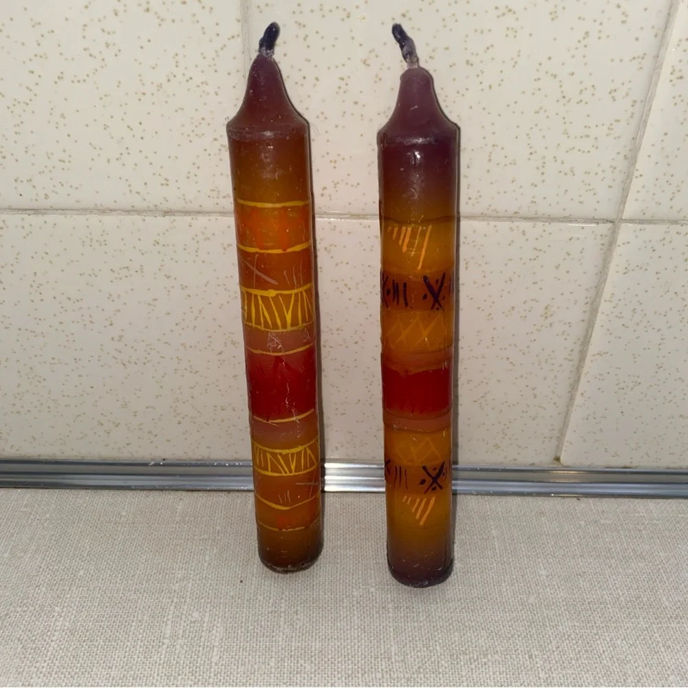 Vintage‎ Boho Painted Candles Tapered Multi Colored Set Of 2 Never Used Unlit